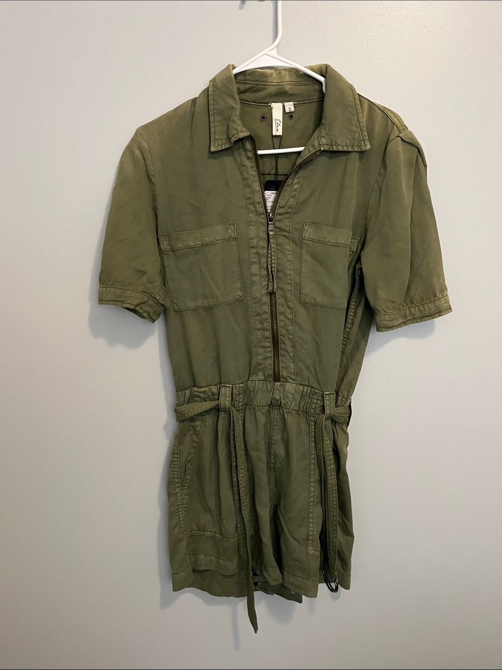 Elan Olive Short-Sleeve Utility Romper with Drawstring Waist